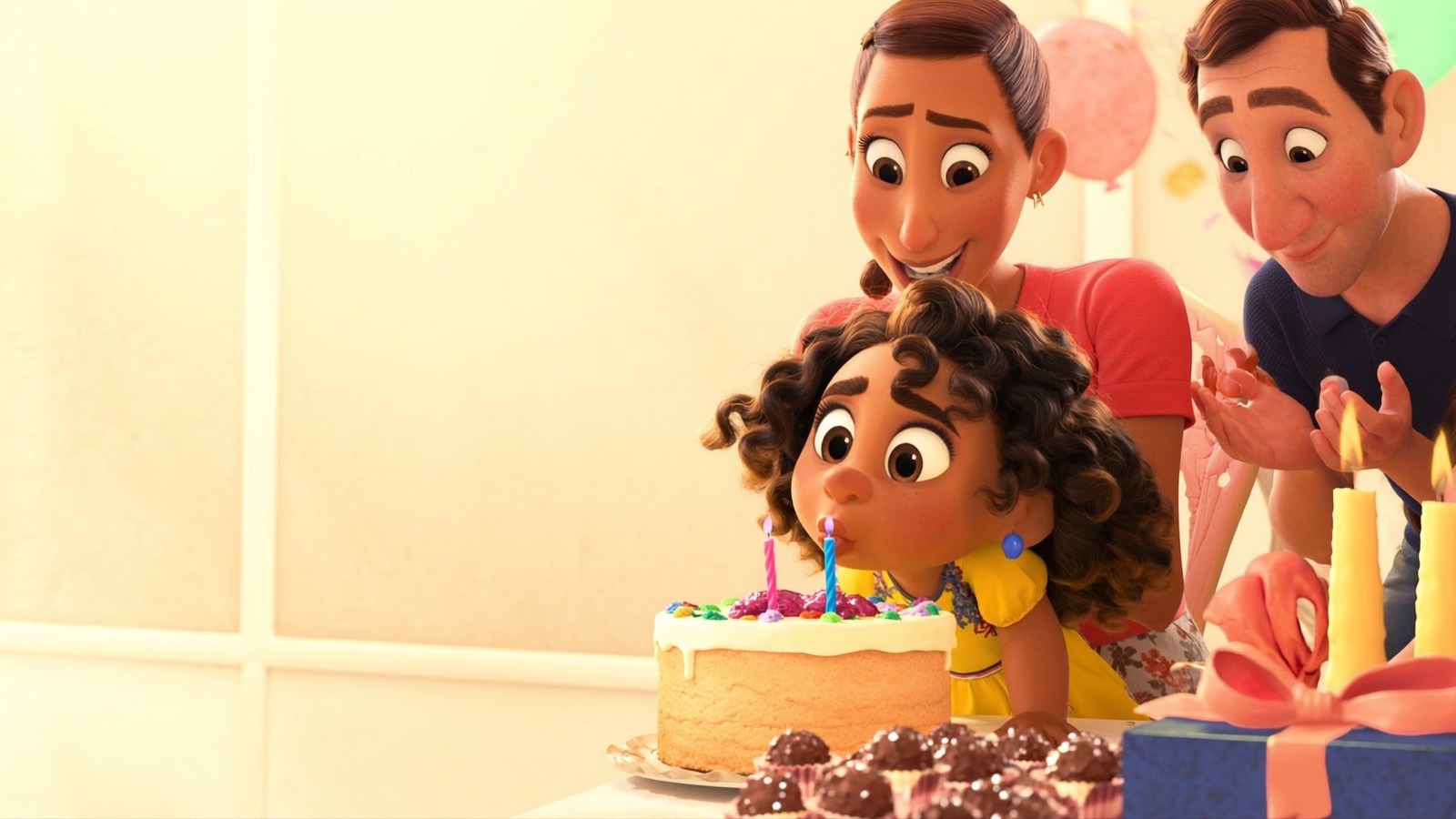 Ilustração 3D: a aniversariante apaga as velinhas do bolo enquanto a família e os amigos aplaudem ao redor da mesa.